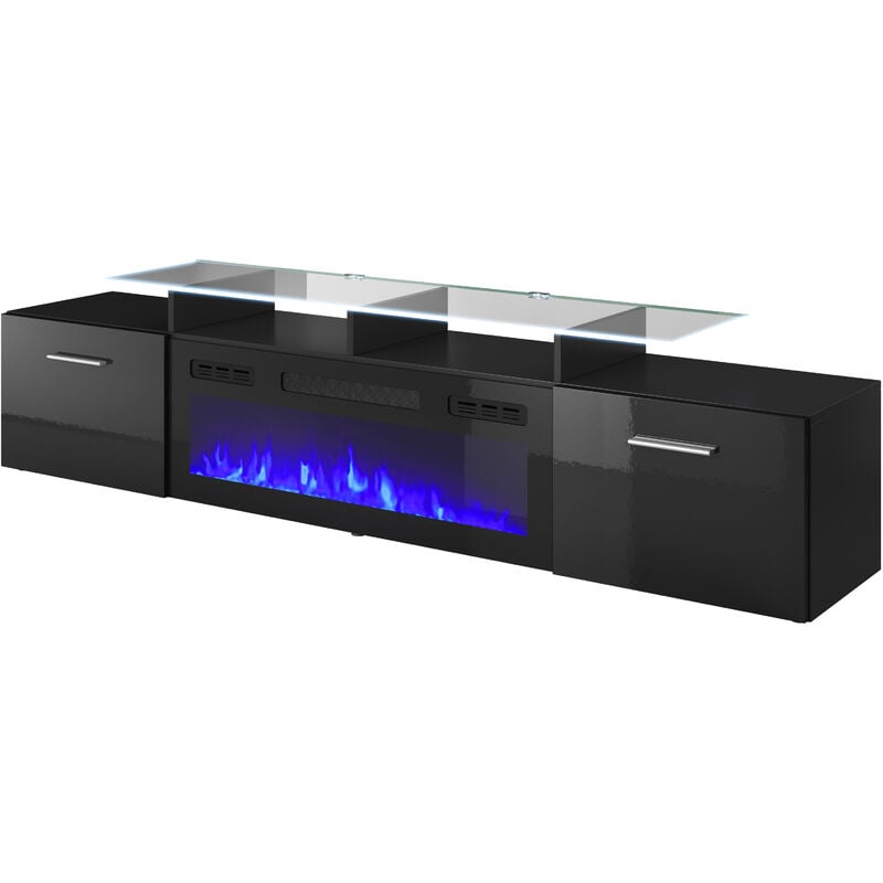 Bim Furniture - Meuble rtv rova ef 190cm + cheminée électrique noir brillant