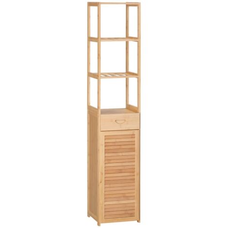 Meuble salle bain bambou 32x30x163 cm avec tiroir 3 étagères  rangement organisé naturel lavabo déco fonctionne