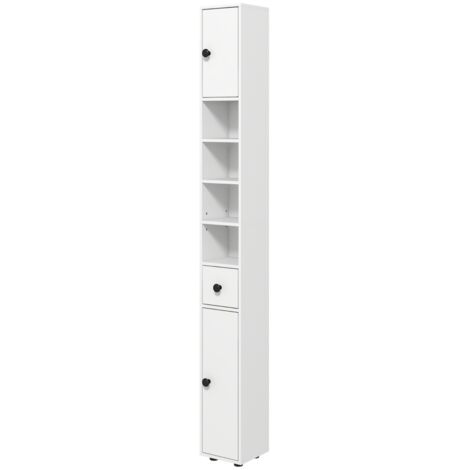 Meuble salle bain étroit 180 cm, armoire WC avec tiroir et étagères rangement blanc gain place