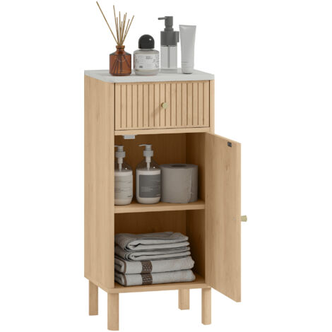 Meuble salle bain rangement plateau effet marbre porte rainurée tiroir 36x30x80 cm chêne