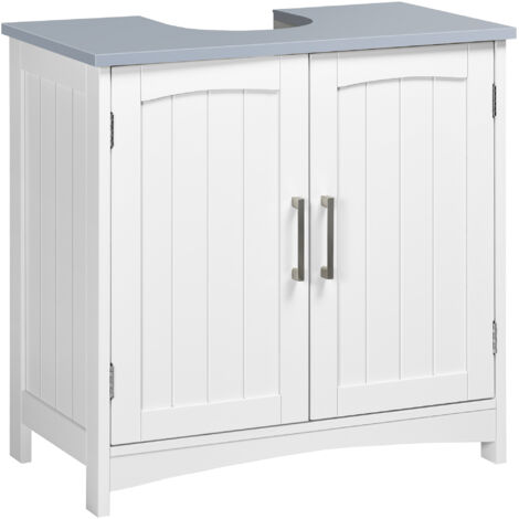 Meuble salle bain sous lavabo, double portes, étagères réglables, blanc.