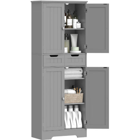 Meuble salle bain tiroir placard portes étagère réglable 60x30x160 cm gris