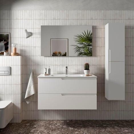 Meuble salle de bain - 100 cm - avec plan vasque - Blanc mat - A suspendre - TANIDA