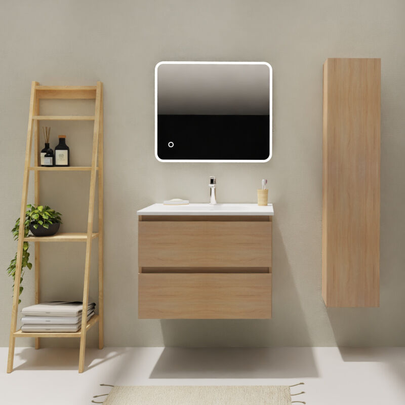 Meuble salle de bain 70 cm - Plan vasque Solid surface - Effet chêne sonoma - a suspendre - Karaib 2