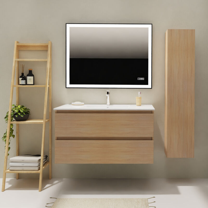 Godart - Meuble salle de bain 100 cm - Plan vasque céramique - Effet chêne sonoma - a suspendre - Karaib 2