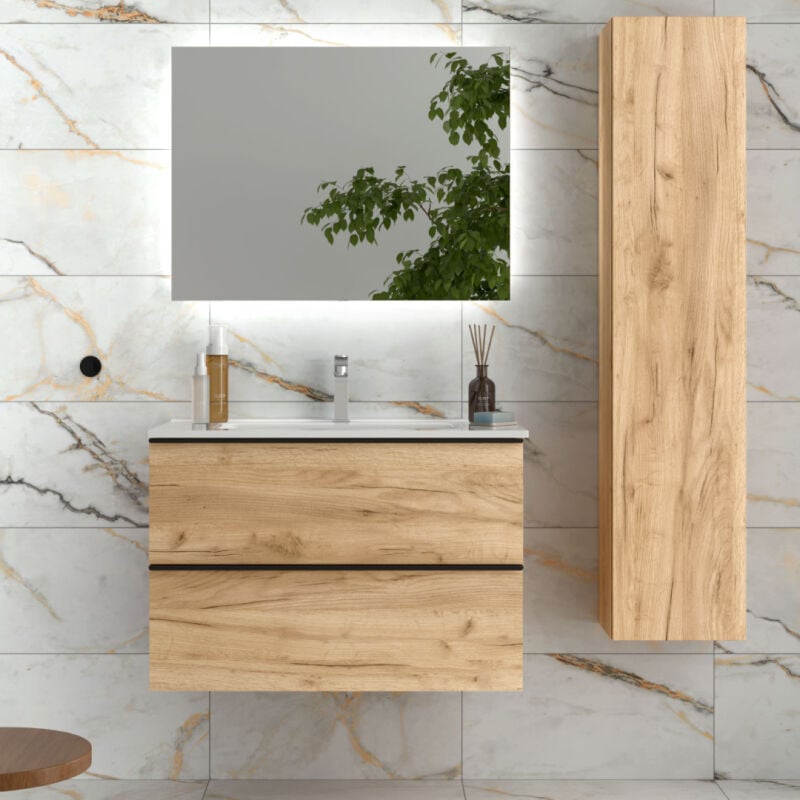 Salgar - Meuble salle de bain - 80 cm - avec plan vasque - Effet chêne brut - poignées noires - a suspendre - aruba