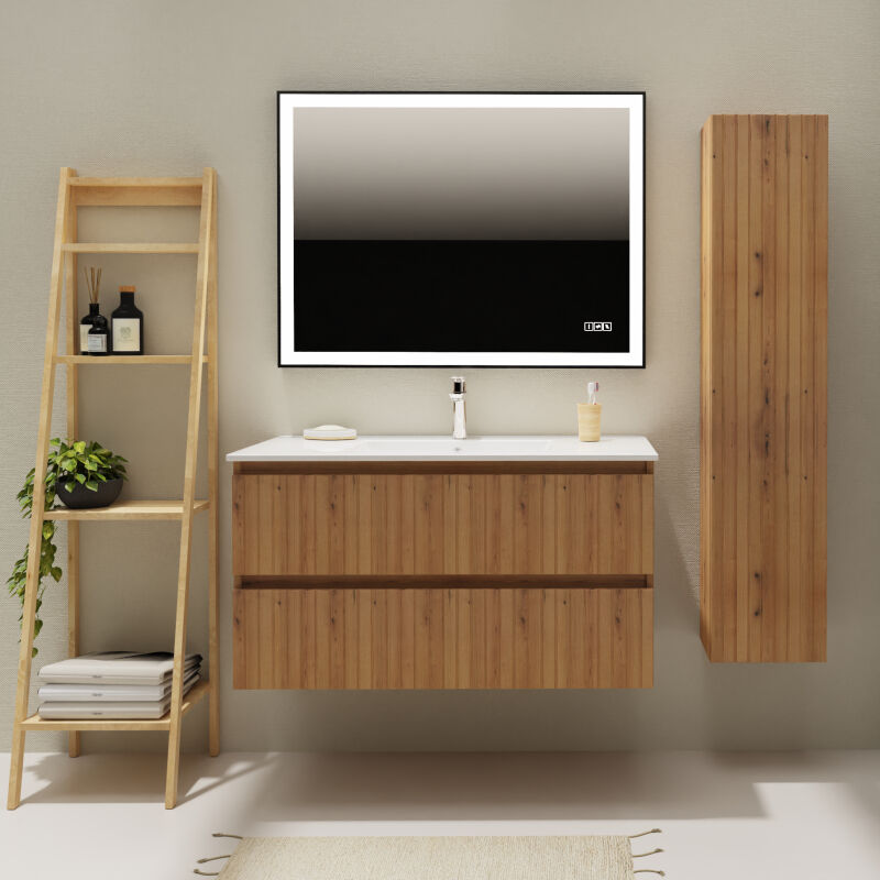 Godart - Meuble salle de bain 100 cm - Plan vasque céramique - Effet bois strié - a suspendre - Karaib 2