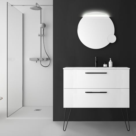 Meuble salle de bain 100 cm blanc à suspendre simple vasque avec poignets et pieds noirs - So matt