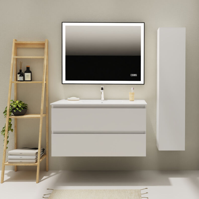 Godart - Meuble salle de bain 100 cm - Plan vasque céramique - Blanc mat - a suspendre - Karaib 2