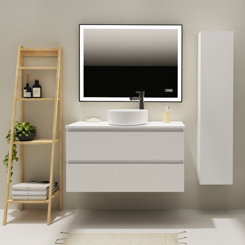 Godart - Meuble salle de bain 100 cm pour vasque à poser - Blanc mat - a suspendre - Karaib 2