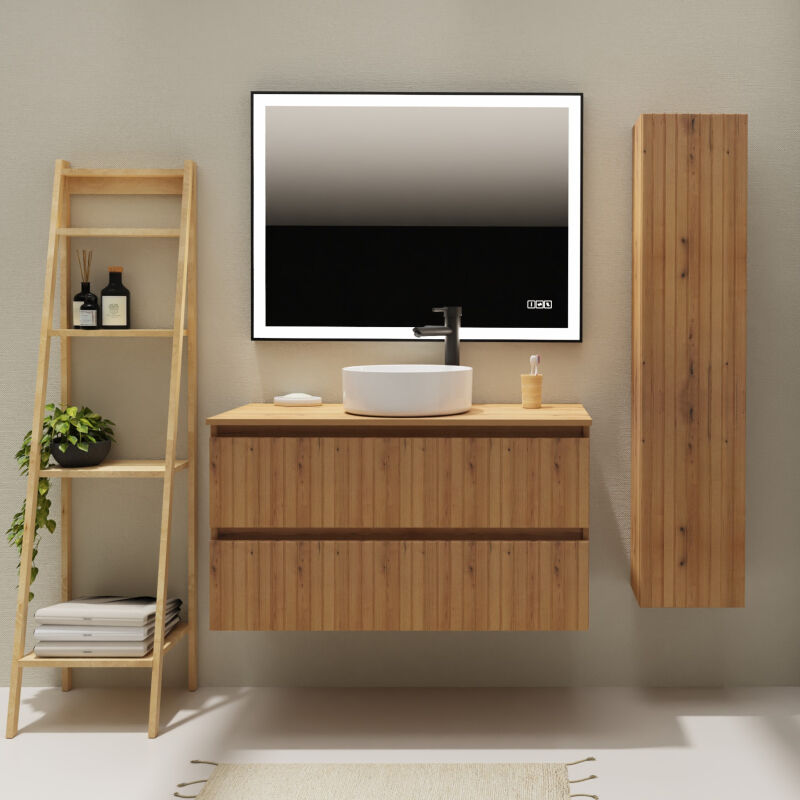 Godart - Meuble salle de bain 100 cm pour vasque à poser - Effet bois strié - a suspendre - Karaib 2