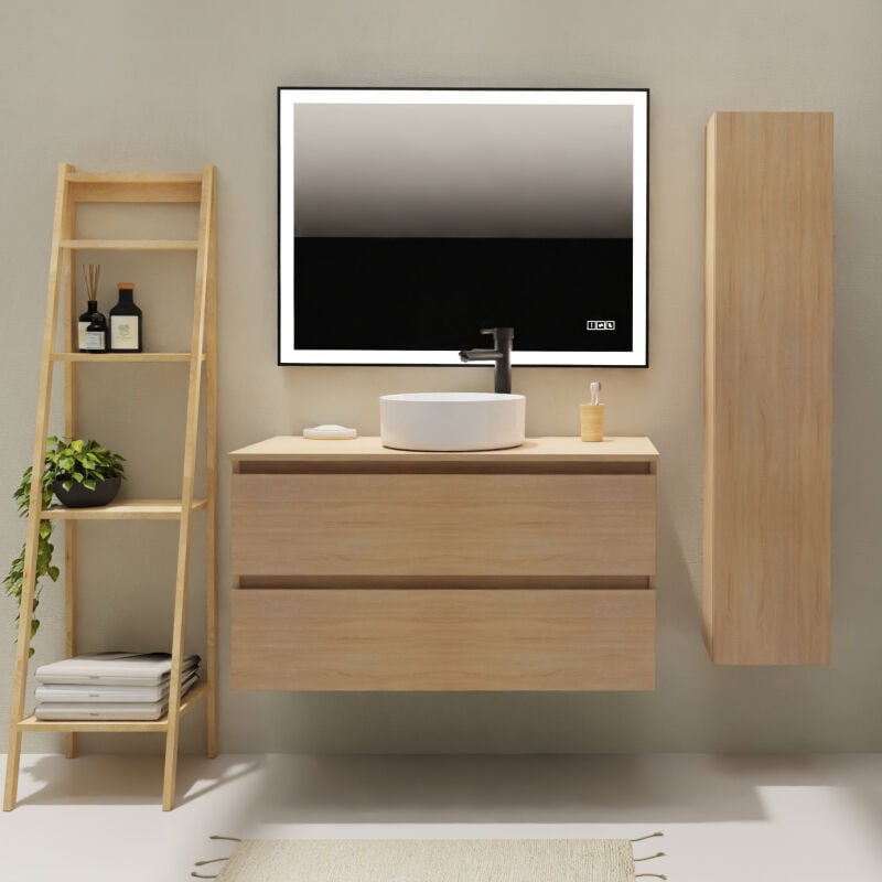 Godart - Meuble salle de bain 100 cm pour vasque à poser - Effet chêne sonoma - a suspendre - Karaib 2