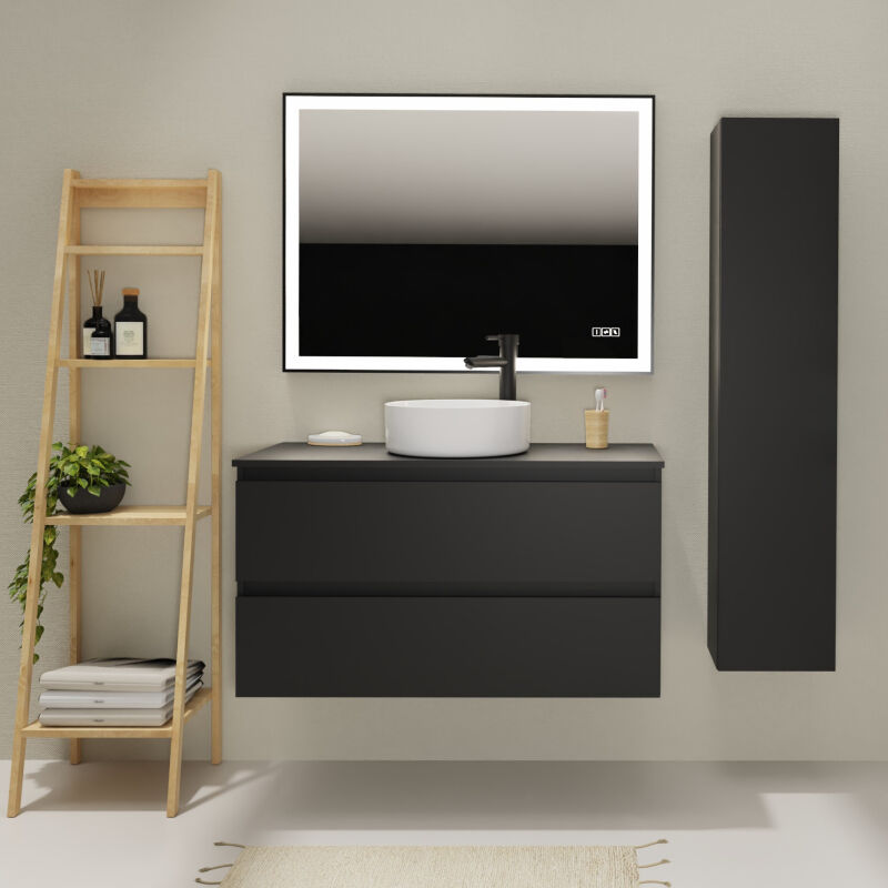 Meuble salle de bain 100 cm pour vasque à poser - Noir mat - A suspendre - Karaib 2