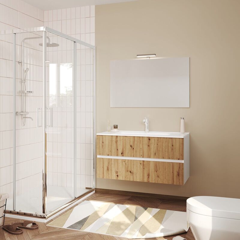 Kiamami Valentina - Meuble Salle De Bain 100Cm Blanc Façade Chêne Cannelé, Miroir 100X60 Salina