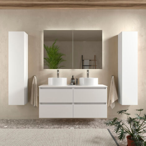 Meuble salle de bain - 120 cm - Double vasques à poser - Blanc mat - A suspendre - KARAIB