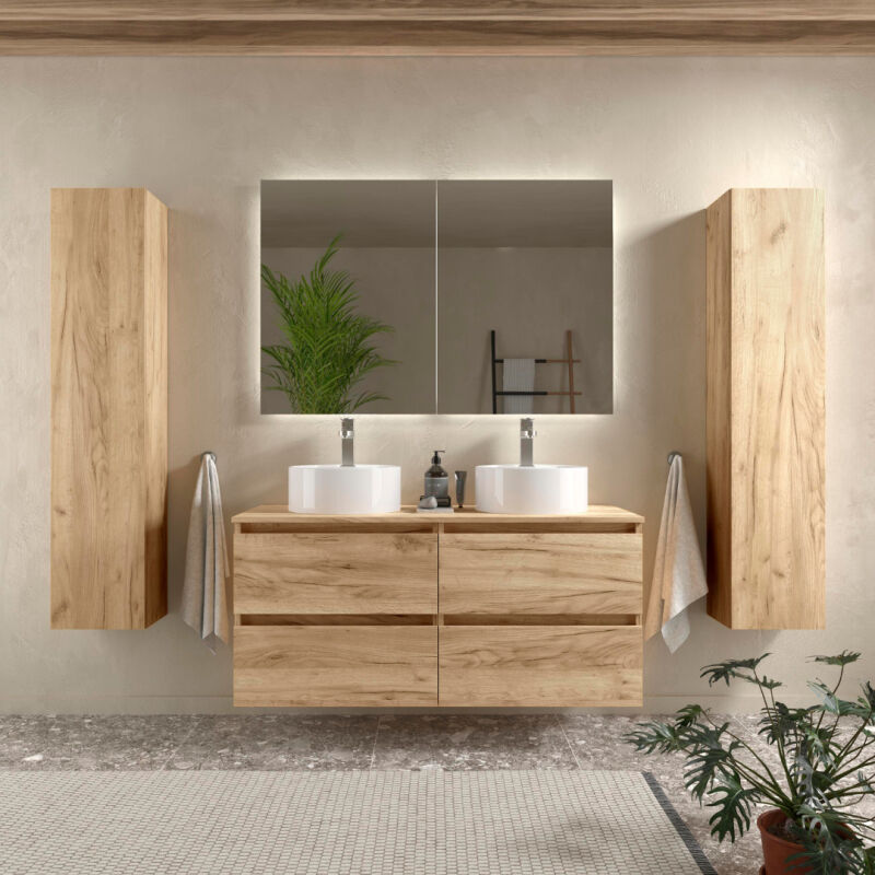 Salgar - Meuble salle de bain - 120 cm - Double vasques à poser - Effet chêne brut - a suspendre - karaib
