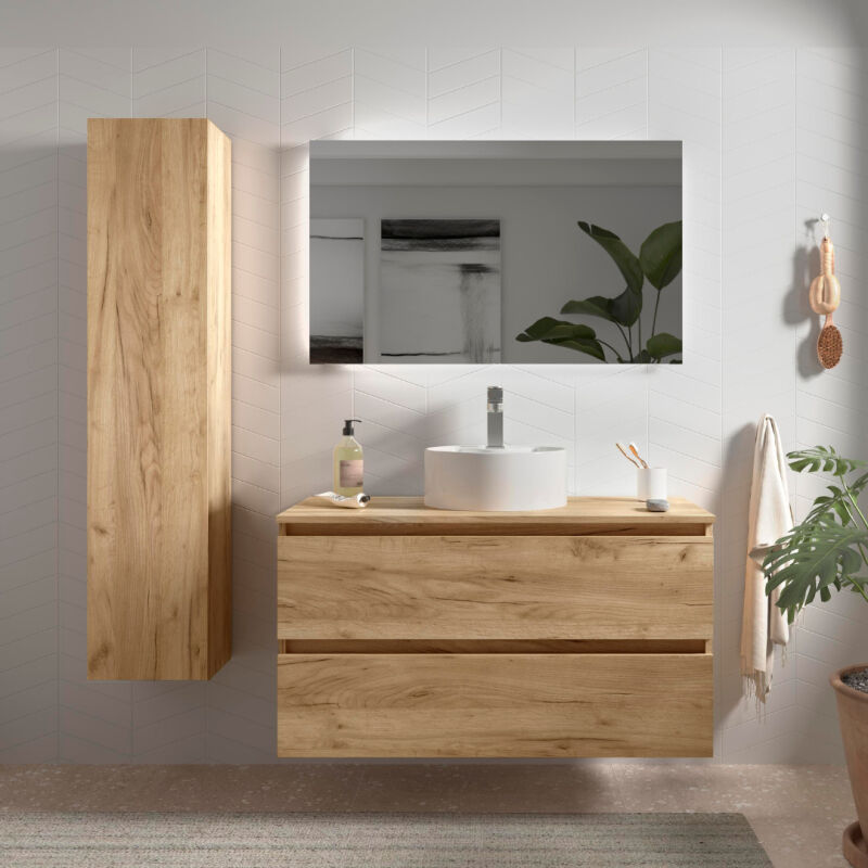 Salgar - Meuble salle de bain - 100 cm - avec vasque à poser - effet chêne brut - a suspendre - karaib