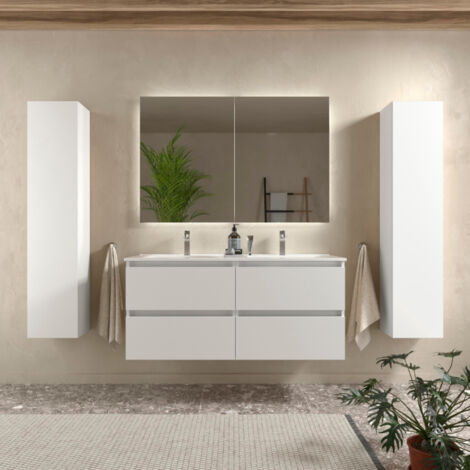 Meuble salle de bain - 120 cm - Plan double vasques céramique - Blanc mat - A suspendre - KARAIB