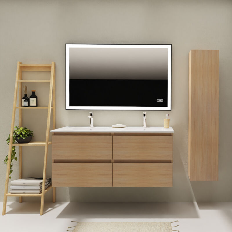 Godart - Meuble salle de bain 120 cm - Double vasque céramique - Effet chêne sonoma - a suspendre - Karaib 2