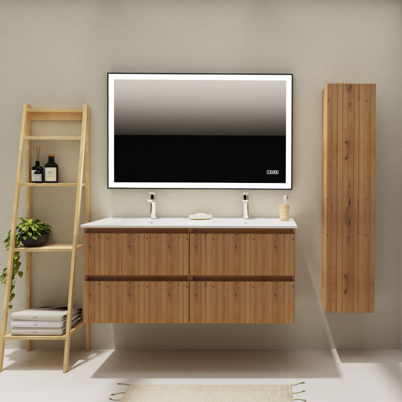 Godart - Meuble salle de bain 120 cm - Double vasque céramique - Effet bois strié - a suspendre - Karaib 2