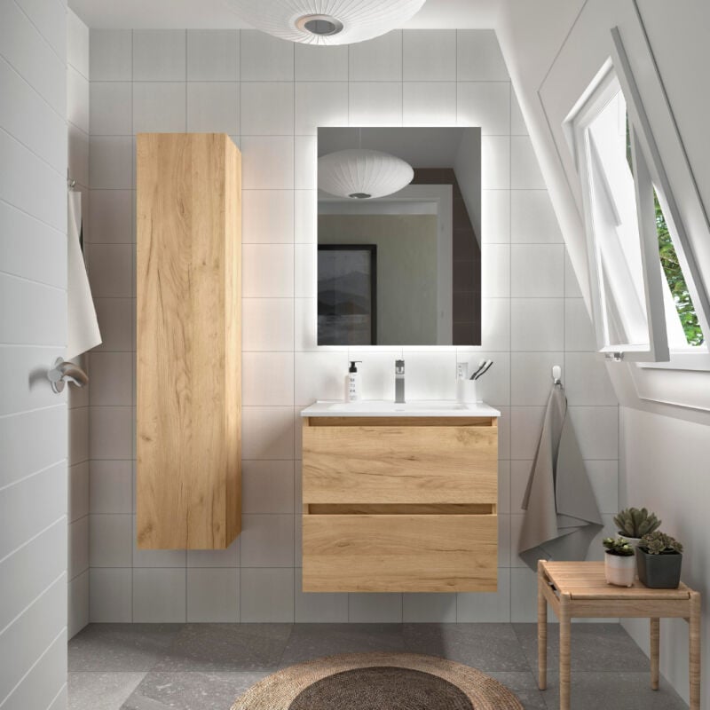 Salgar - Meuble salle de bain - 70 cm - Avec plan vasque - Effet chêne brut - a suspendre - karaib