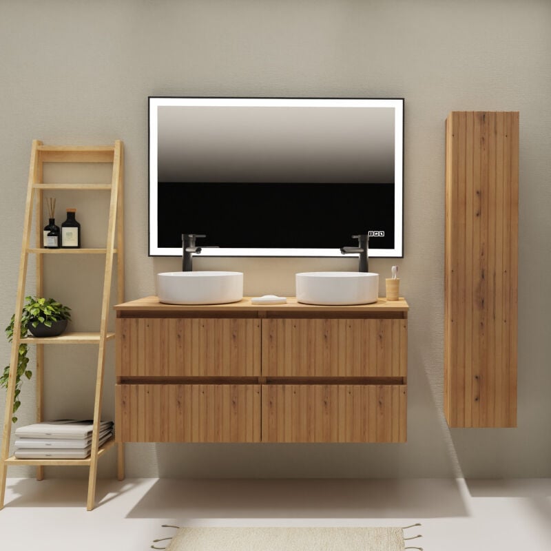 Godart - Meuble salle de bain 120 cm pour vasque à poser - Effet bois strié - a suspendre - Karaib 2