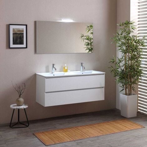 KIAMAMI VALENTINA Meuble Salle De Bain 120 Cmblanc Effet Bois Avec Double Vasque Berlin