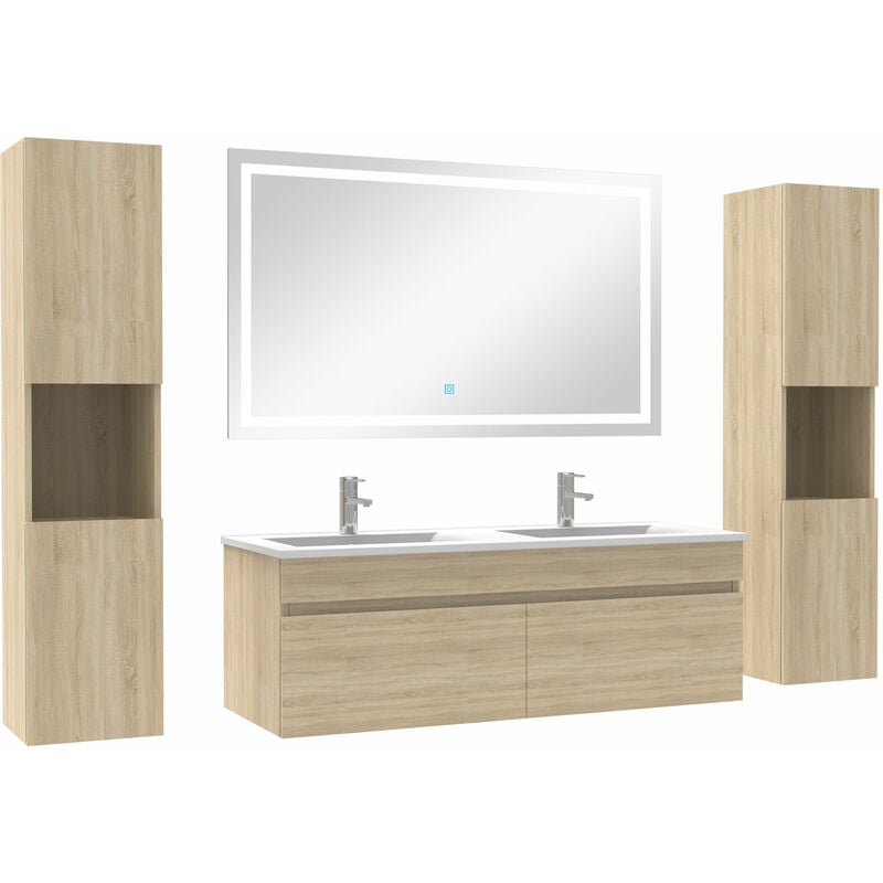 Ensemble meubles Salle de Bain 120cm vasque + colonnex2 + miroir lumineux Chêne Wotan