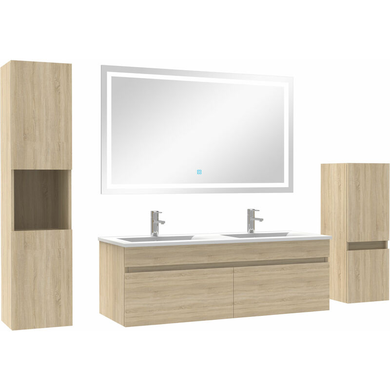 Acezanble meuble Salle de Bain 120cm double vasque + colonne + miroir LED Chêne Wotan