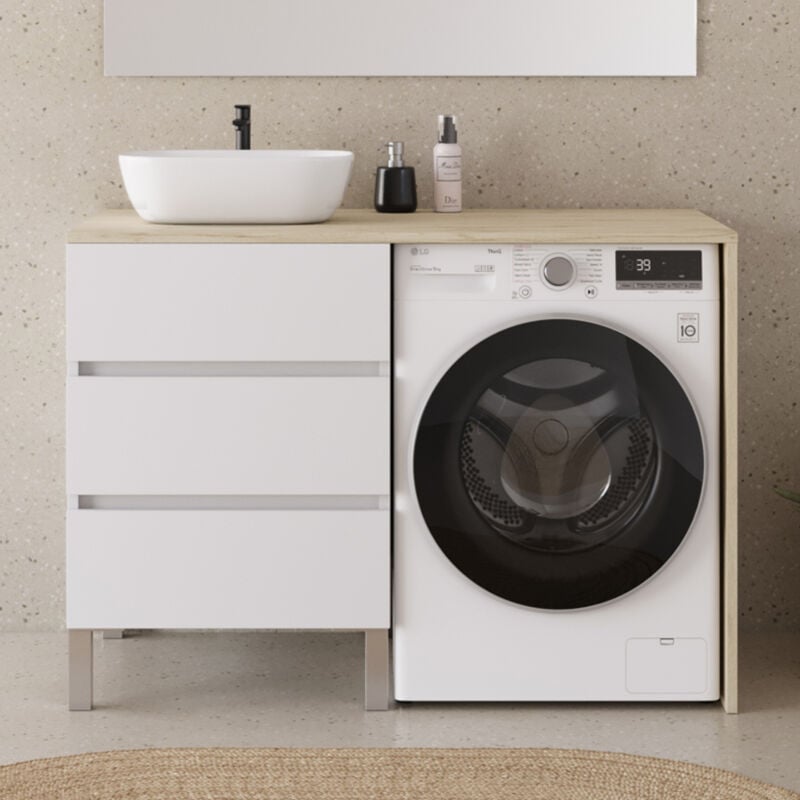 Cosyneo - Meuble lave linge 124cm avec plateau nebraska et vasque arrondie - sans miroir - 3 tiroirs - blanc/nebraska (chêne clair) - cruz