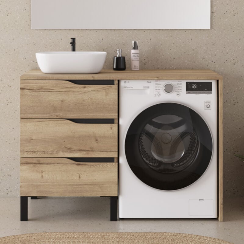 Cosyneo - Meuble lave linge 124cm avec plateau et vasque arrondie - sans miroir - 3 tiroirs - madera miel (chêne clair) - santa