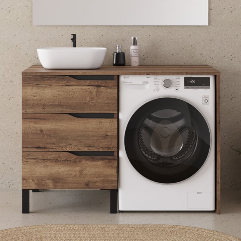 Cosyneo - Meuble lave linge 124cm avec plateau et vasque arrondie - sans miroir - 3 tiroirs - tabacco (chêne foncé) - santa