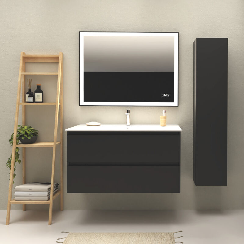 Godart - Meuble salle de bain 100 cm - Plan vasque céramique - Noir mat - a suspendre - Karaib 2