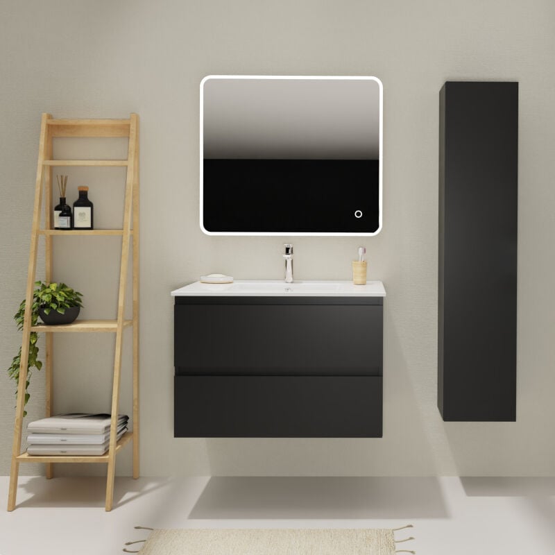 Meuble salle de bain 80 cm - Plan vasque céramique - Noir mat - a suspendre - Karaib 2