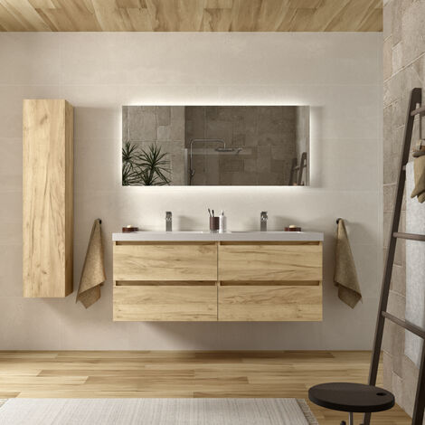 Meuble salle de bain - 70 cm - Avec plan vasque - Effet chêne brut - A suspendre - KARAIB