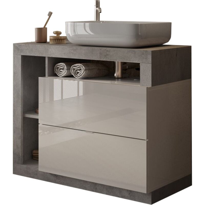 Azura Home Design - Meuble salle de bain 2 tiroirs + vasque hamburg blanc brillant, béton 92 x 79 x 49 cm