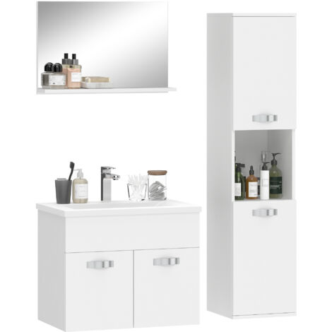 Meuble salle de bain 4 pièces blanc, mural avec miroir, meuble vasque, lavabo et armoire haute, rangement suspendu