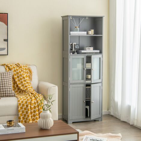 Meuble Salle de Bain 4 Portes 2 Compartiments Ouverts Colonne Haute 60x30x163cm Gris CW32750