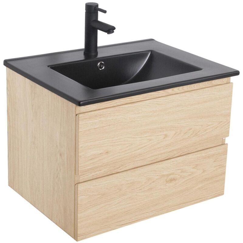 Meuble simple vasque décor chêne 60cm + vasque noire
