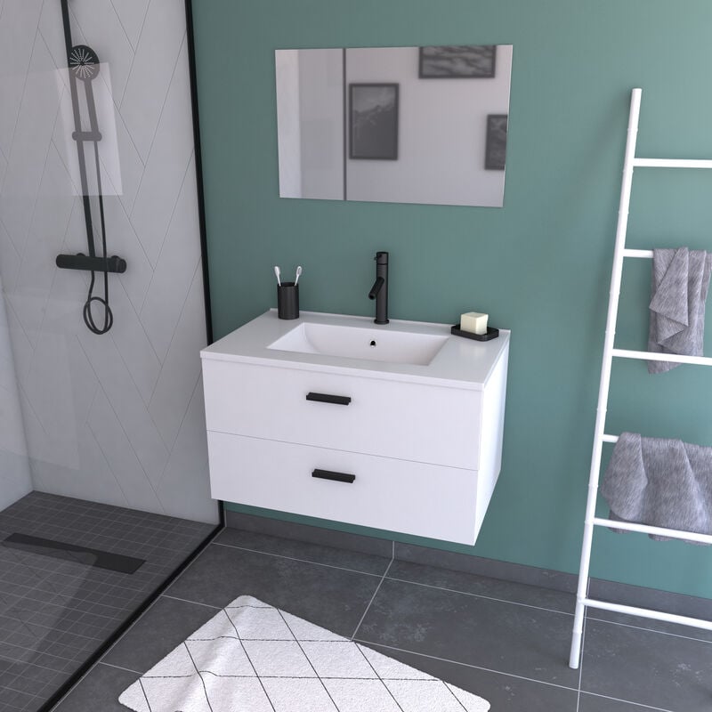 Aurlane - Meuble salle de bain 80 cm suspendu 2 tiroirs Blanc avec vasque et miroir - box-in
