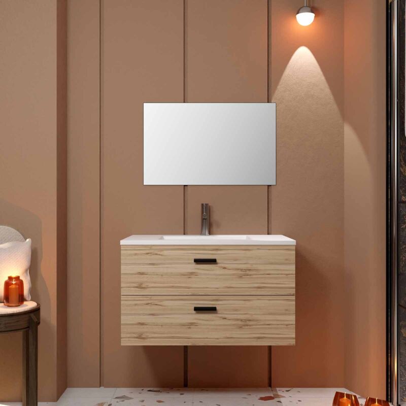 Aurlane - Meuble salle de bain 80cm suspendu 2 tiroirs Décor Bois avec vasque et miroir - box-in