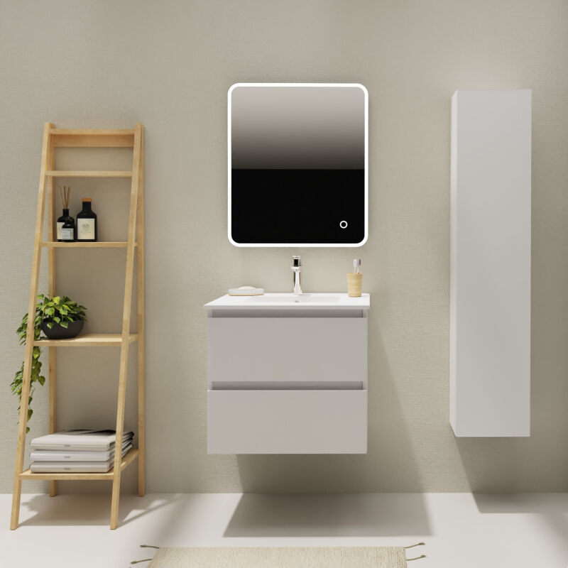 Godart - Meuble salle de bain 60 cm - Plan vasque céramique - Blanc mat - a suspendre - Karaib 2