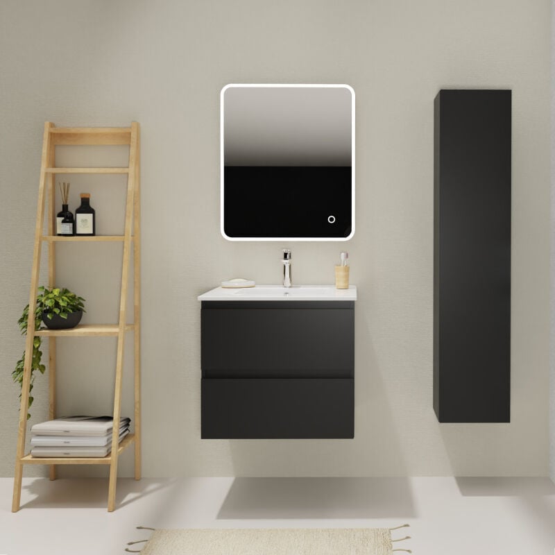 Meuble salle de bain 60 cm - Plan vasque céramique - Noir mat - a suspendre - Karaib 2