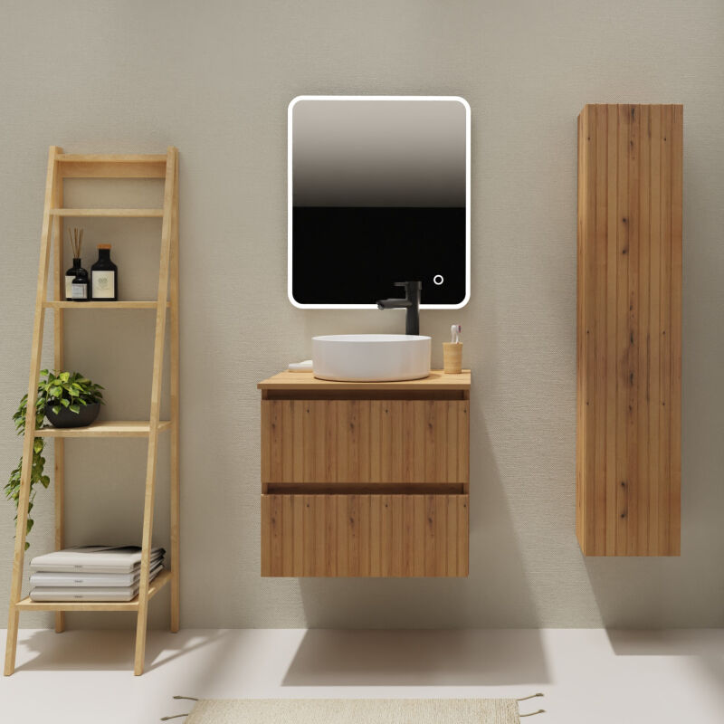 Godart - Meuble salle de bain 60 cm pour vasque à poser - Effet bois strié - a suspendre - Karaib 2