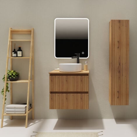 Meuble salle de bain 60 cm pour vasque à poser - Effet bois strié - A suspendre - Karaib 2