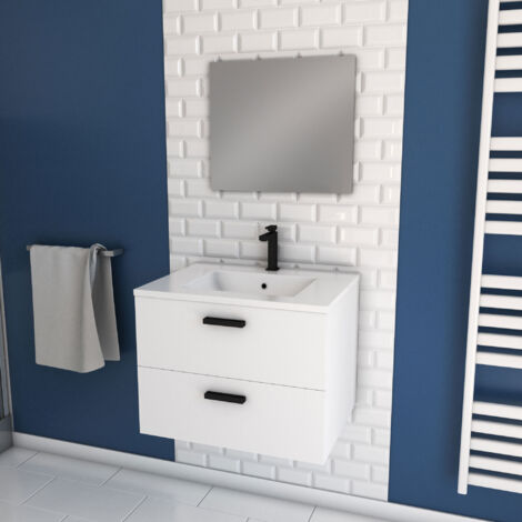 Aurlane – Meuble salle de bain suspendu 60 cm avec vasque en céramique et miroir – 2 tiroirs – Caisson en mélaminé blanc – Fixation métallique