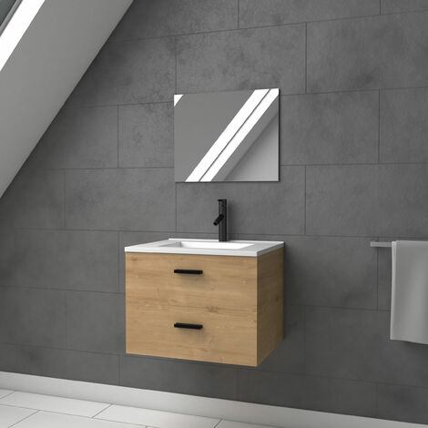 Meuble salle de bain 60 cm monte suspendu blanc H46xL60xP45cm - avec tiroirs - vasque et miroir