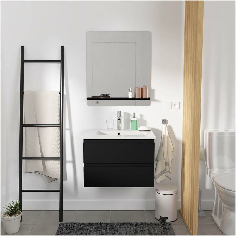 Mob-in - Ensemble meuble simple vasque noir carbone 60cm + vasque + miroir