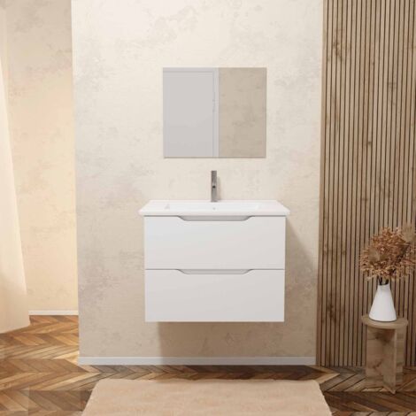 Aurlane – Meuble salle de bain suspendu 60cm – 2 tiroirs laqués blancs – Vasque céramique avec trop plein – Miroir à suspendre avec fixation métallique