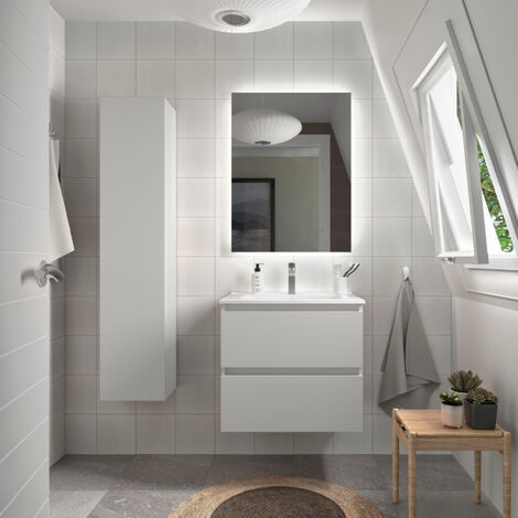 Meuble salle de bain - 70 cm - Avec plan vasque - Blanc mat - A suspendre - KARAIB